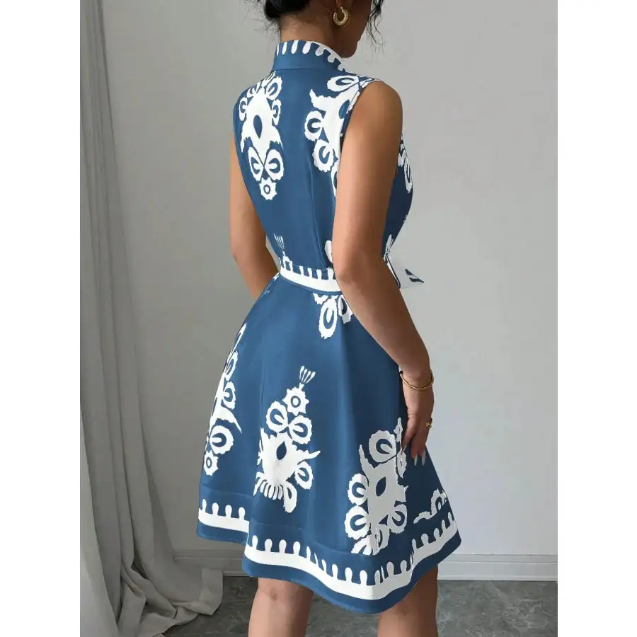 Printed Sleeveless Tie Waist Mini Dress
