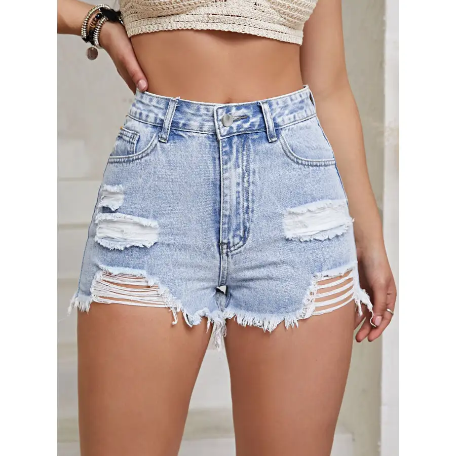 Distressed Raw Hem High Waist Denim Shorts
