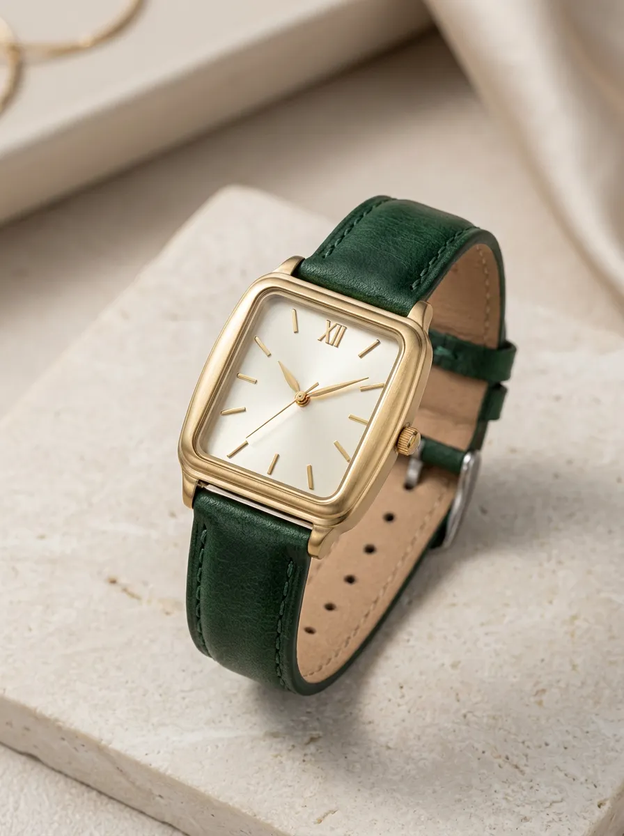 Forest Green Square Case Leather Watch