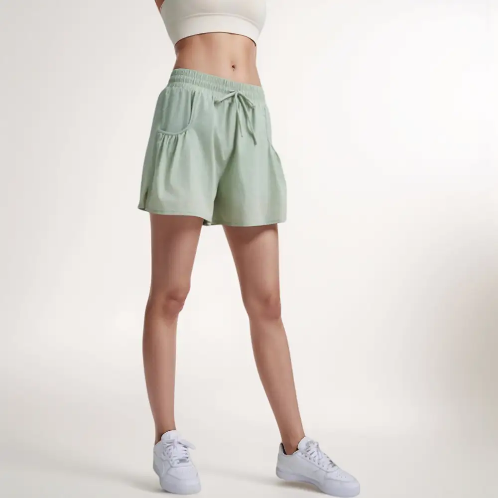 High-Waist Drawstring Elastic-Waist Pleated Athletic Shorts