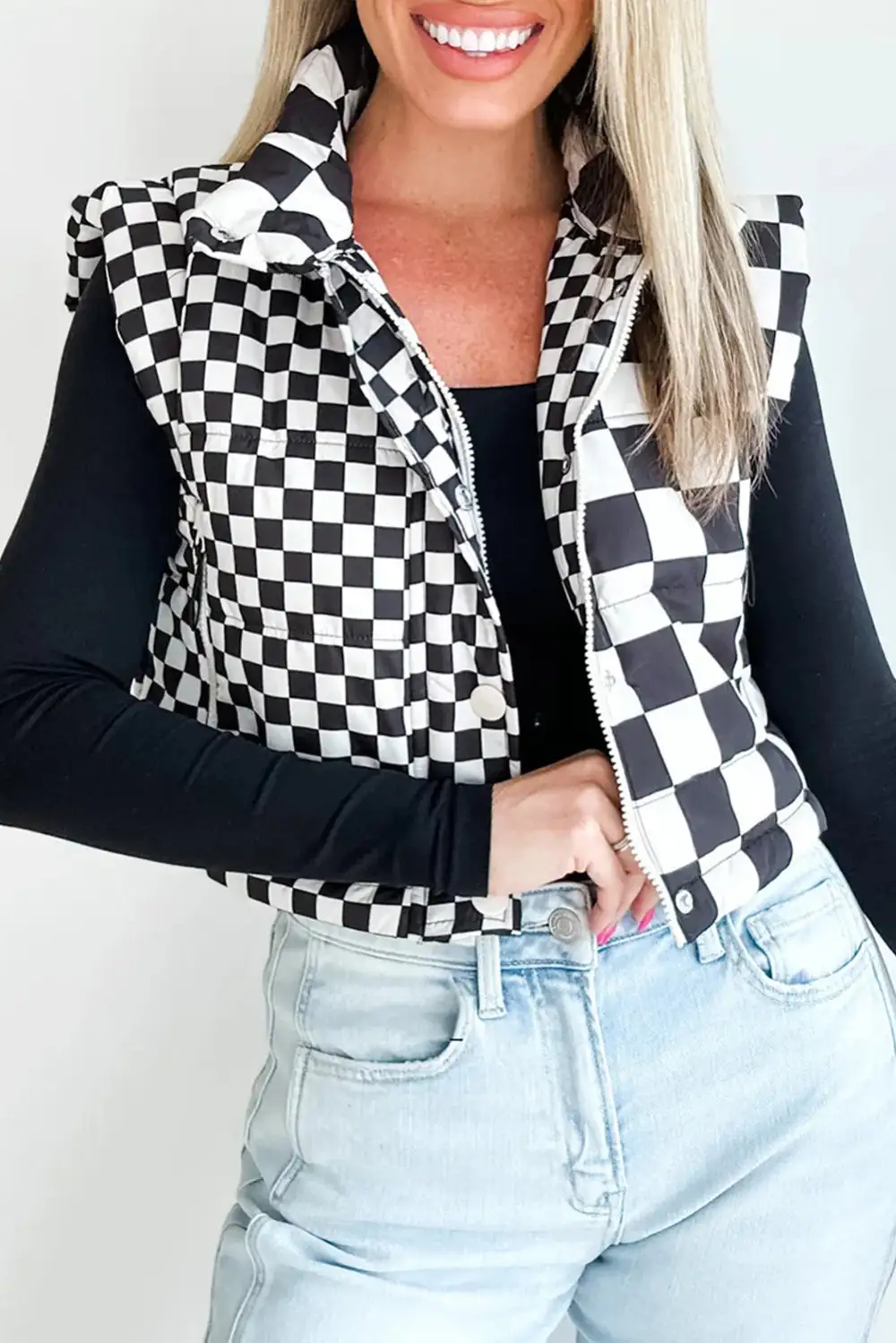 Double Checked Stand Collar Cropped Puffer Vest