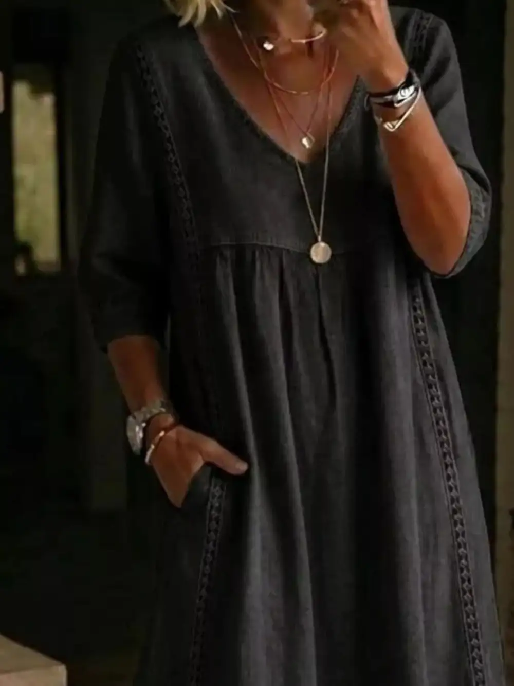 V-Neck Three Quarter Sleeve Pocketed Midi Dress