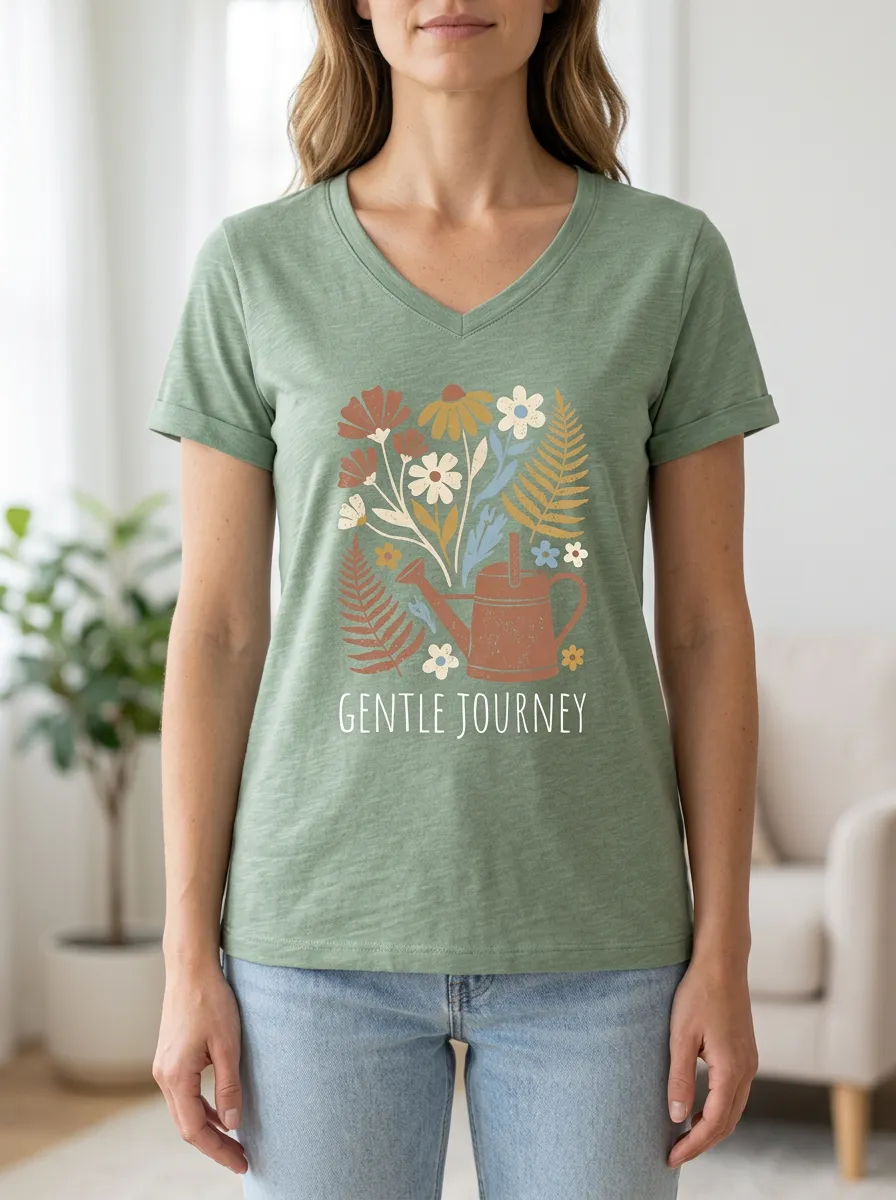 Women's Gardening Gentle Journey Floral Watering Can Print V-Neckline Ribbed Trim T-Shirt
