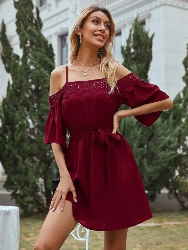 Women Solid Cold Shoulder Belted Dress