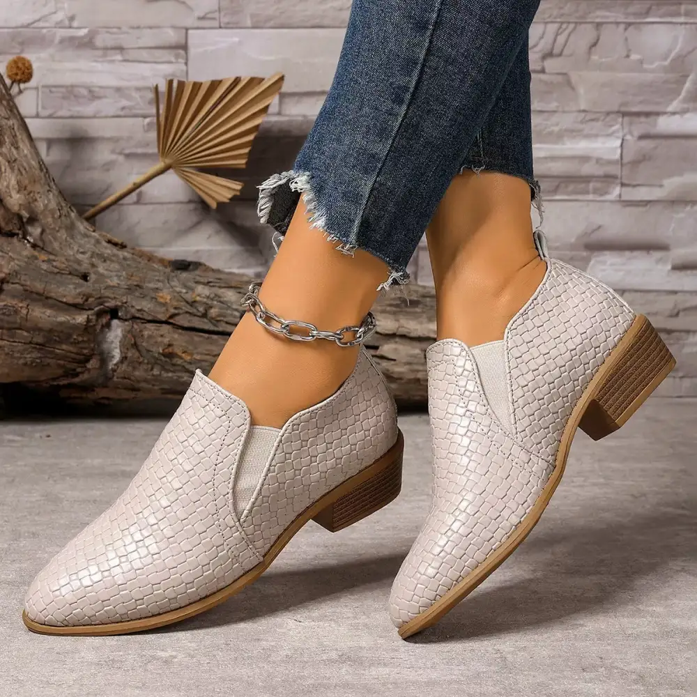Textured Point Toe Block Heels Ankle Boots