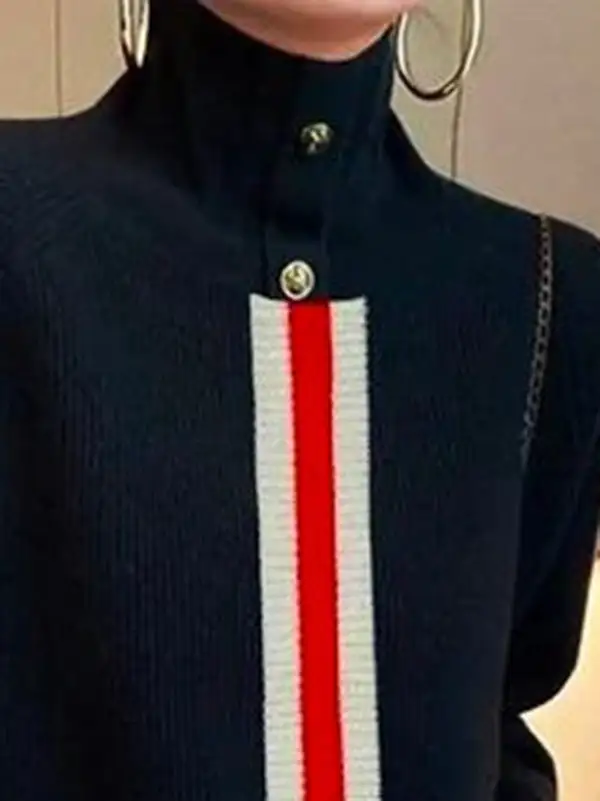 Striped Paneled High Neck Long Sleeve Relaxed Fit Sweater