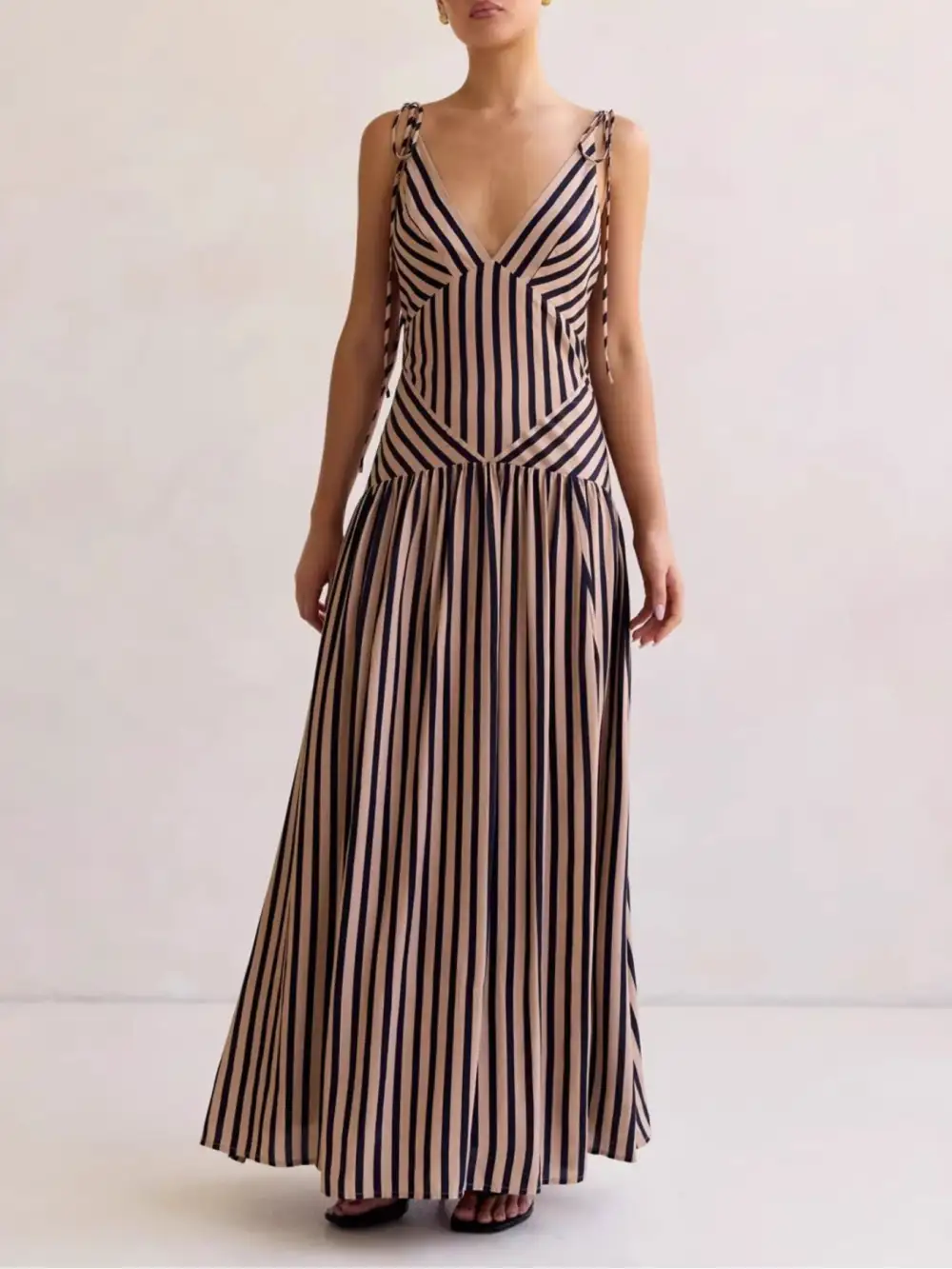 Comfort Fit Striped V Neck Maxi Dress