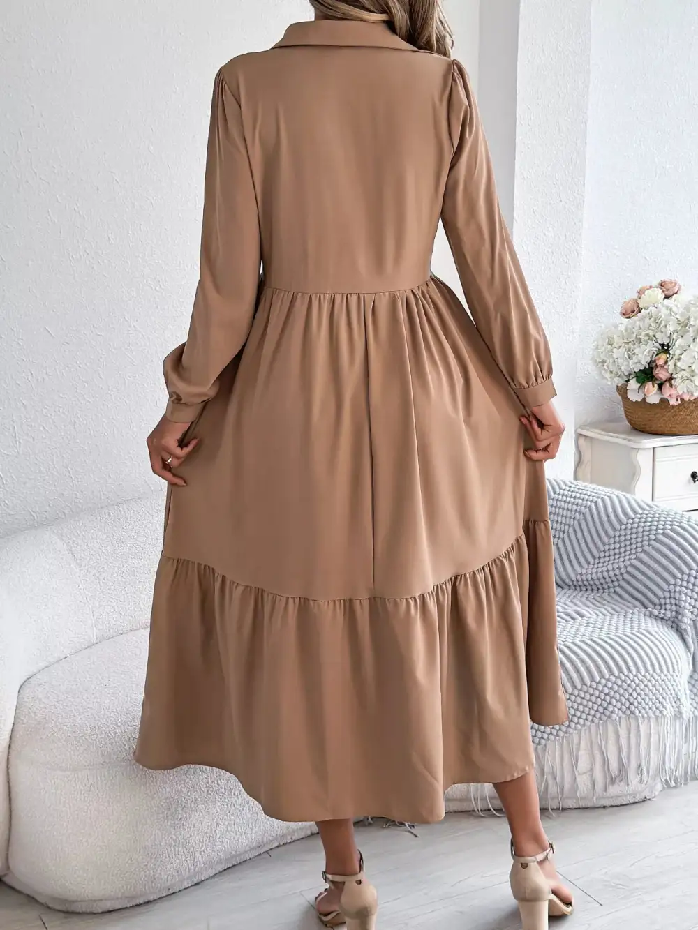 Button Front Tiered Long Sleeve Midi Dress