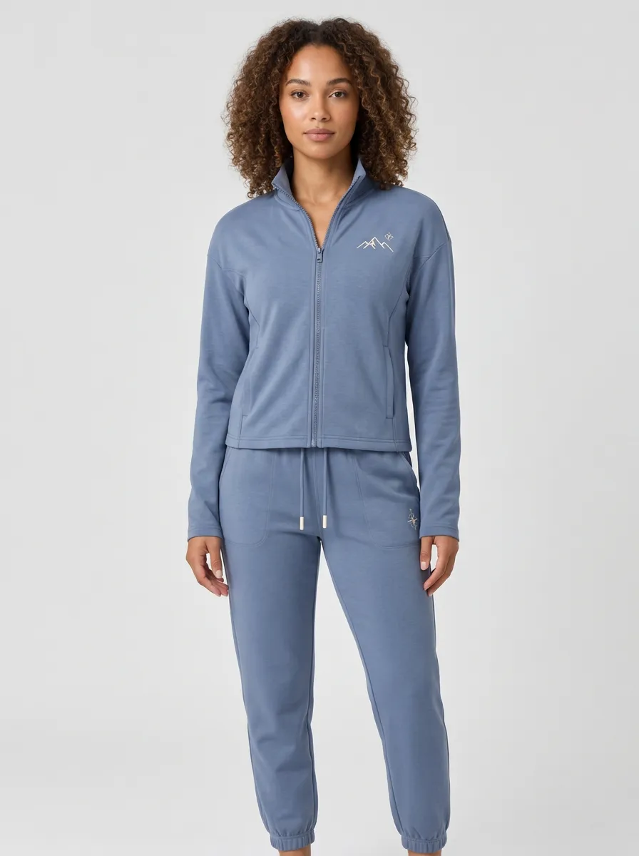 Women's Dusty Blue Graphic Zip-Up Jacket & Jogger Set