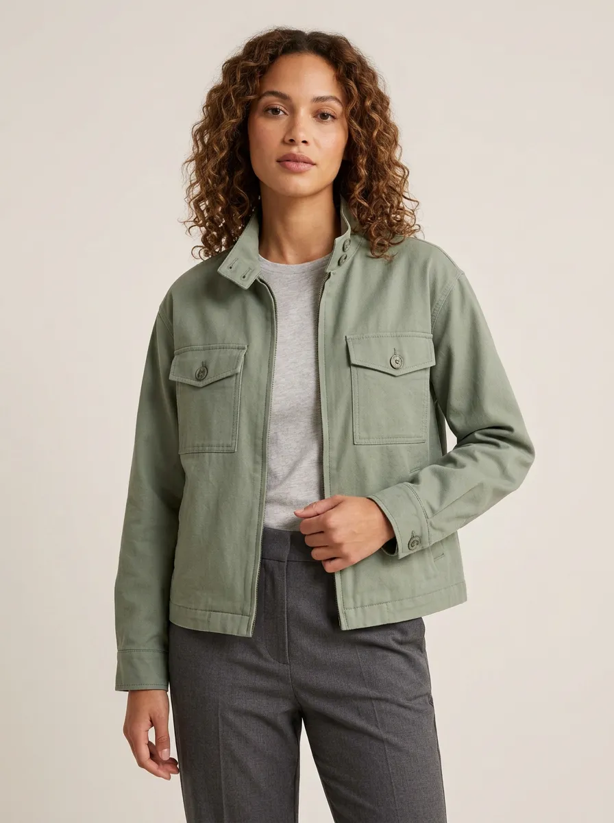 Women's Casual Utility Sage Green Cotton Field Jacket