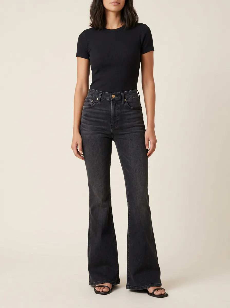 Women's High-Waisted Flare Denim High-Rise Waist Single Button Jeans