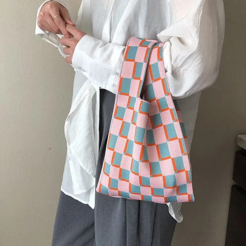 Knit Checkerboard Casual Tote Bag