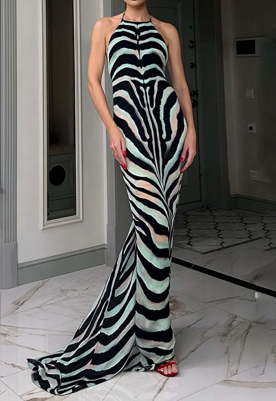 Retro Zebra Print Backless Maxi Dress