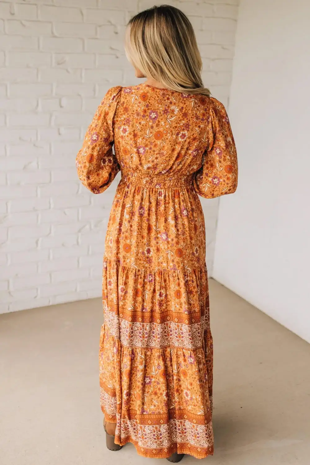 Polished Detail Floral Printed Smocked Maxi Dress