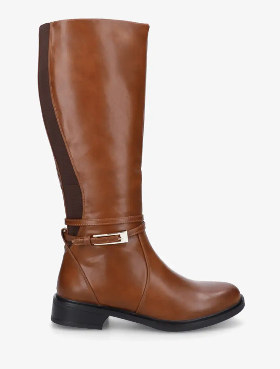 Utility Buckle Detail Block Heel Faux Leather Knee High Boots