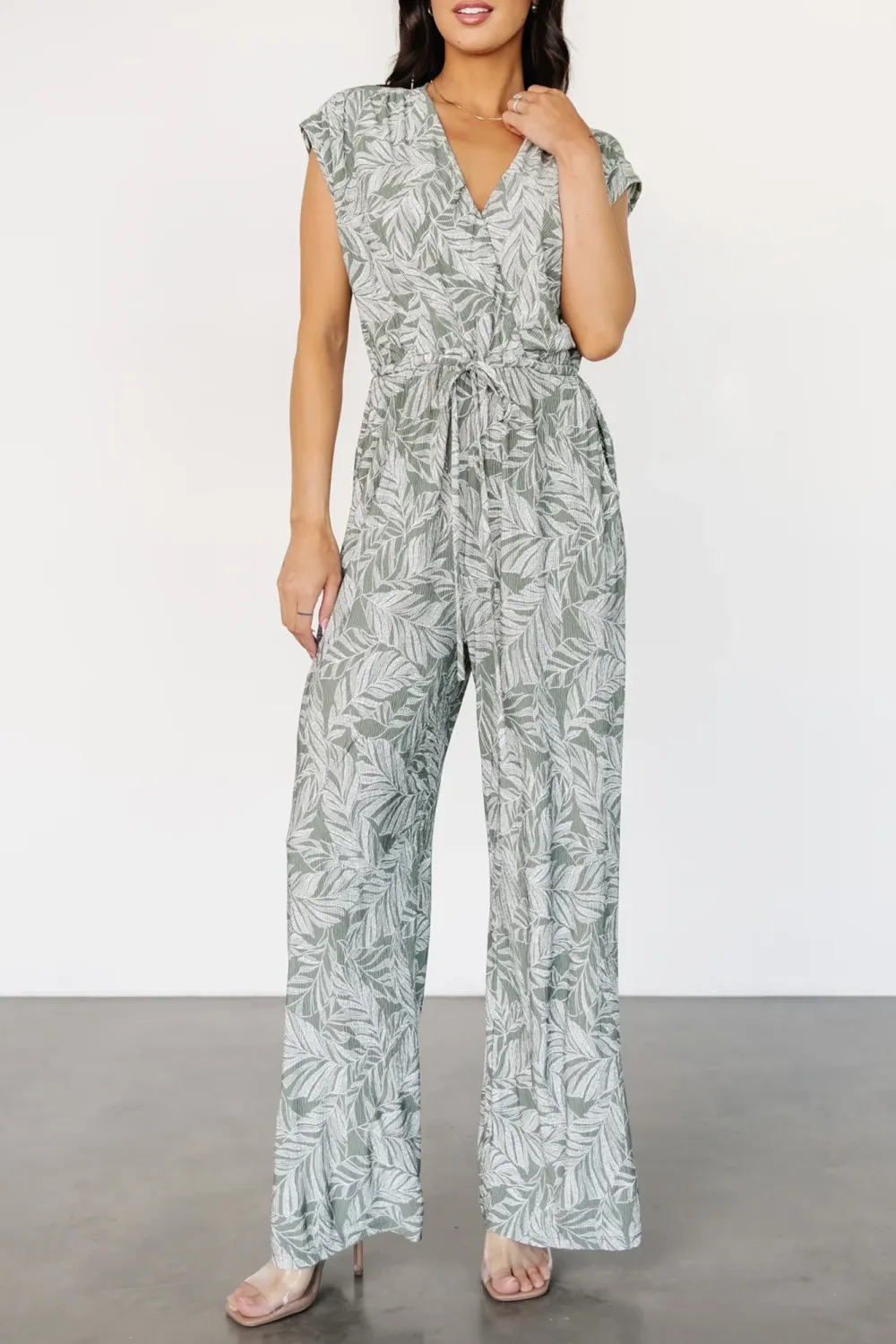 Mature Temperament High-Waisted Slimming Green Print Jumpsuit