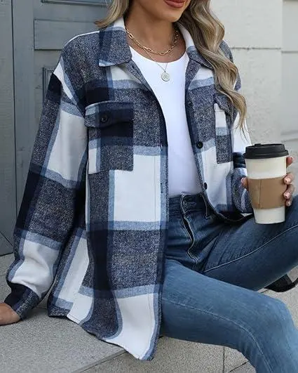 Women's Plus Size Shacket Jacket Flannel Plaid Long Sleeve Button Down Shirts Casual Fall Blouses Tops Winter Coats Winter Holiday