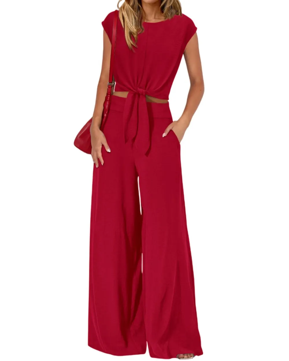 Belted V-Neck Crop Top and Wide-Leg Pants Two-Piece Set
