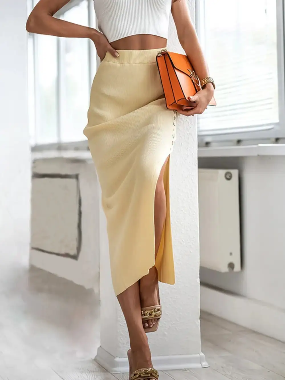 Button Front Knit Skirt