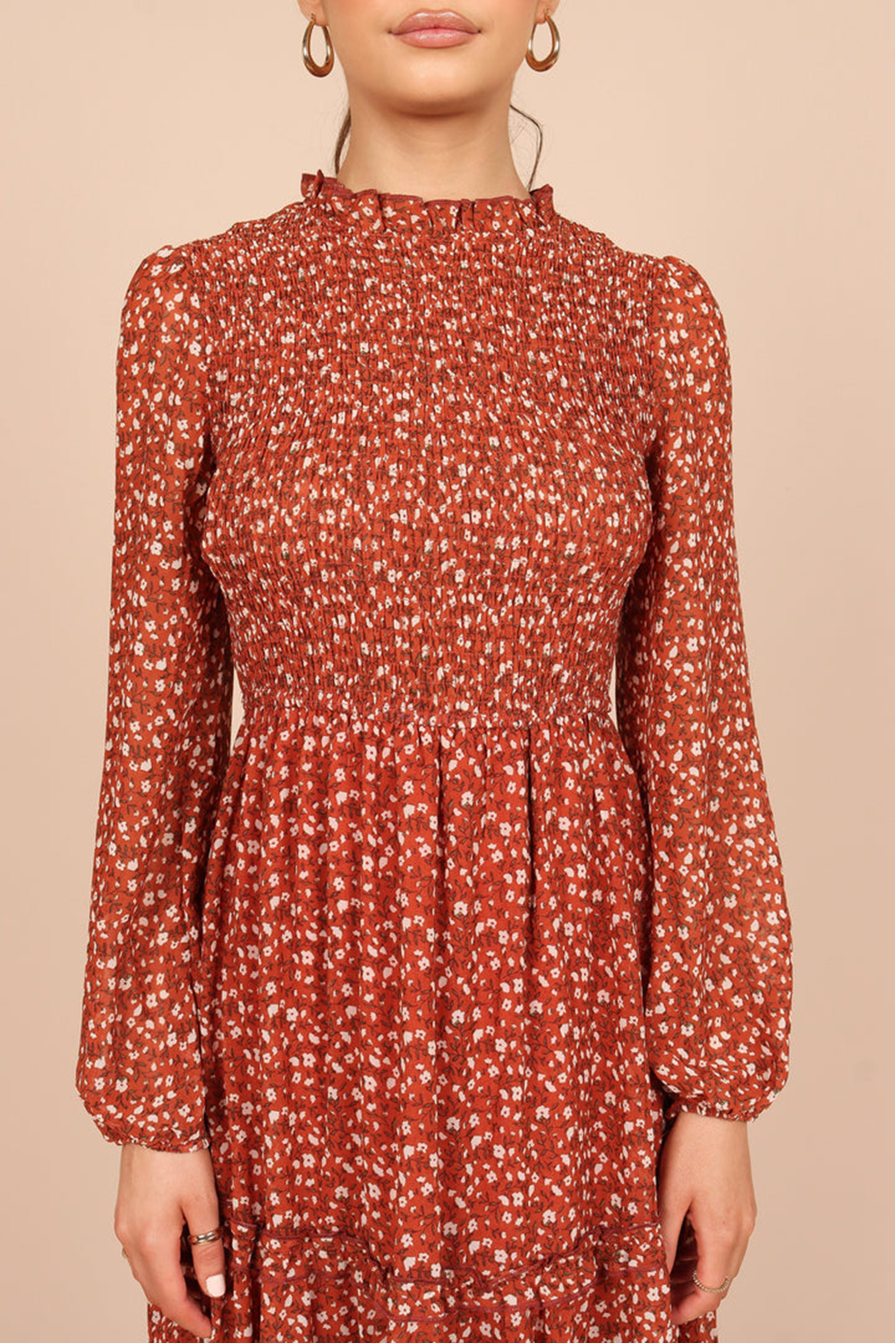 NAVY FLORAL SHIRRED FRILL LONG SLEEVE MIDI DRESS