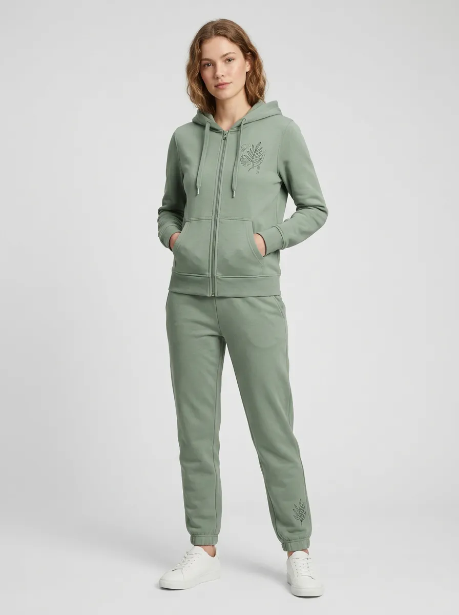 Women's Sage Green Tapered Joggers Kangaroo Pocket Zip-Up Hoodie Jacket & Jogger Set