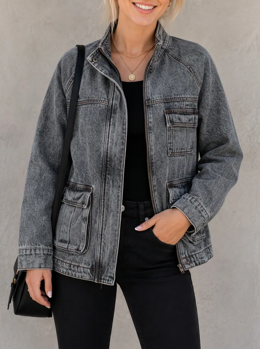 Women's Vintage Washed Black Denim Utility Jacket