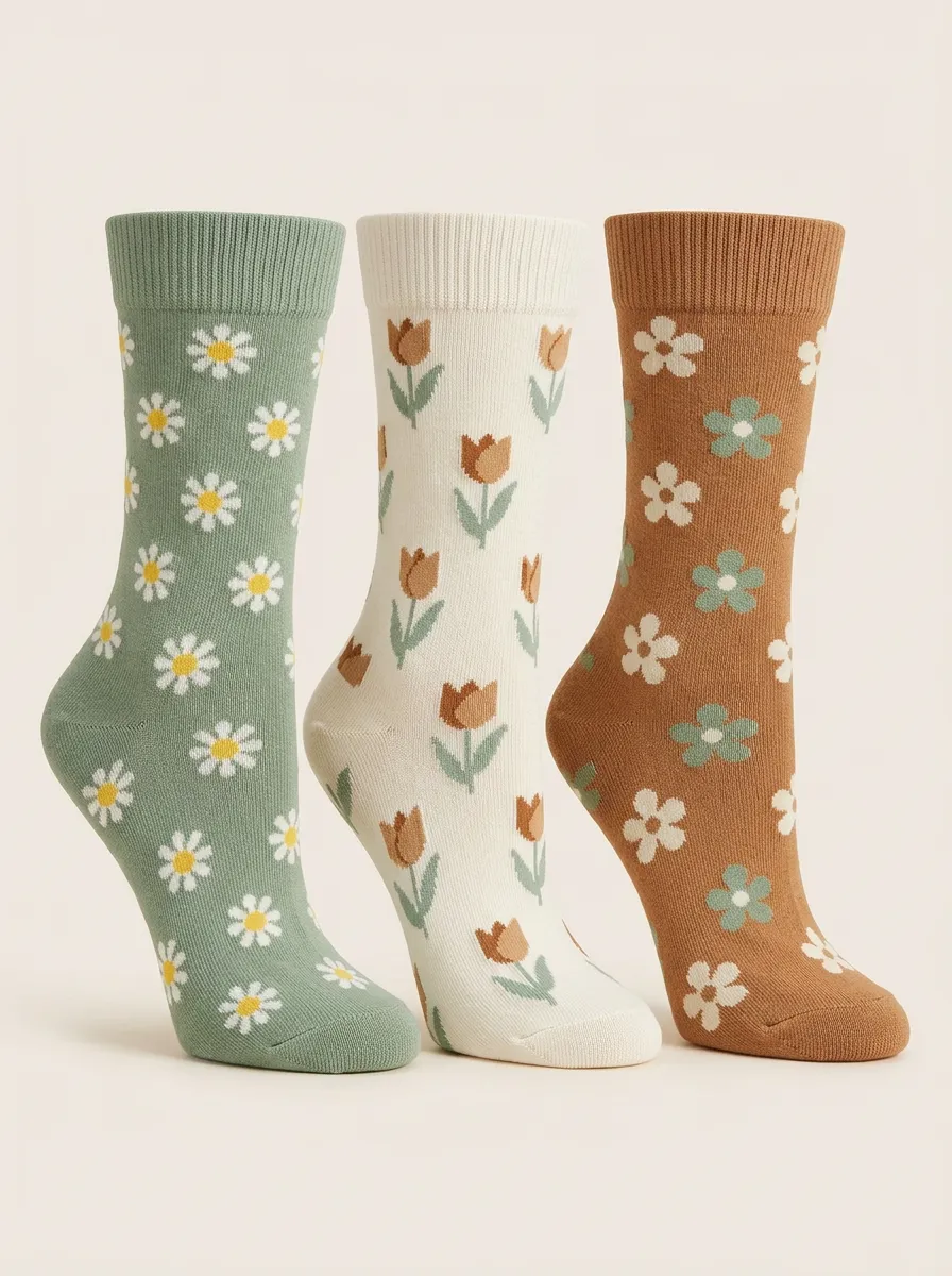 Retro Daisy Tulip Floral Three Pair Sock Set