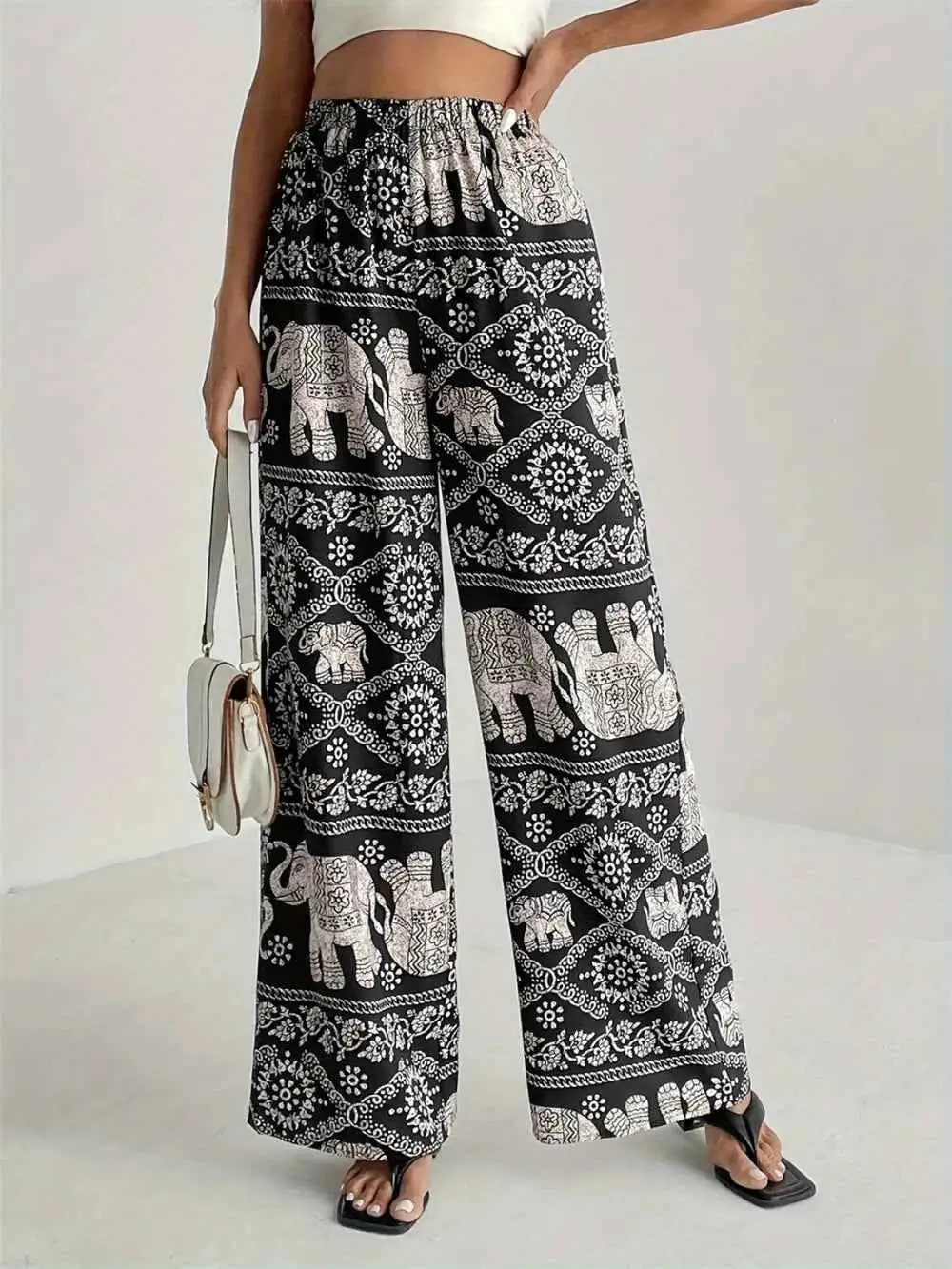Boho Printed Wide Leg Elastic Waist Pants