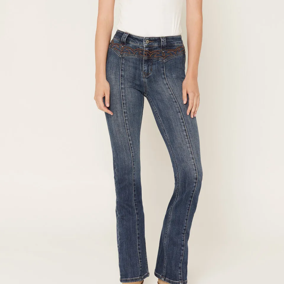 High Rise Flare Stretch Denim Embroidered Jeans