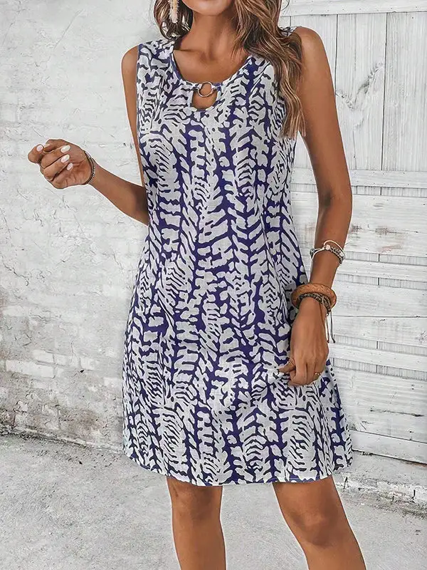 A Line Relaxed Hollow Printed U Neck Mini Dress