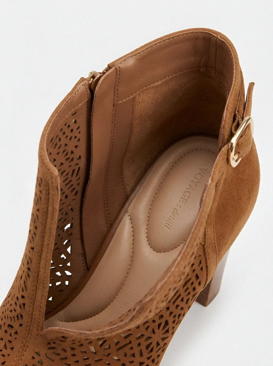 Laser-Cut Geometric Suede-Look Women's Peep-Toe Ankle Boots