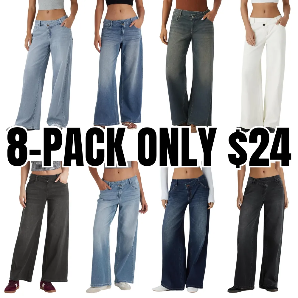 Asymmetric Low Rise Zipper Pockets Baggy Wide Leg Washed Casual Jeans