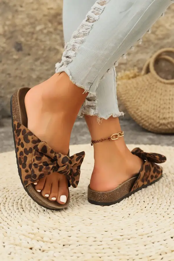 Leopard Bow Cork Footbed Sandals