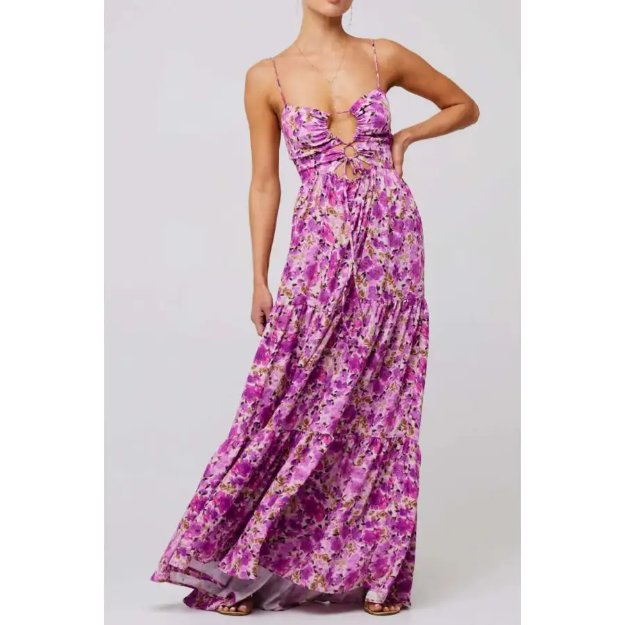 Floral Print Tie Front Tiered Maxi Dress