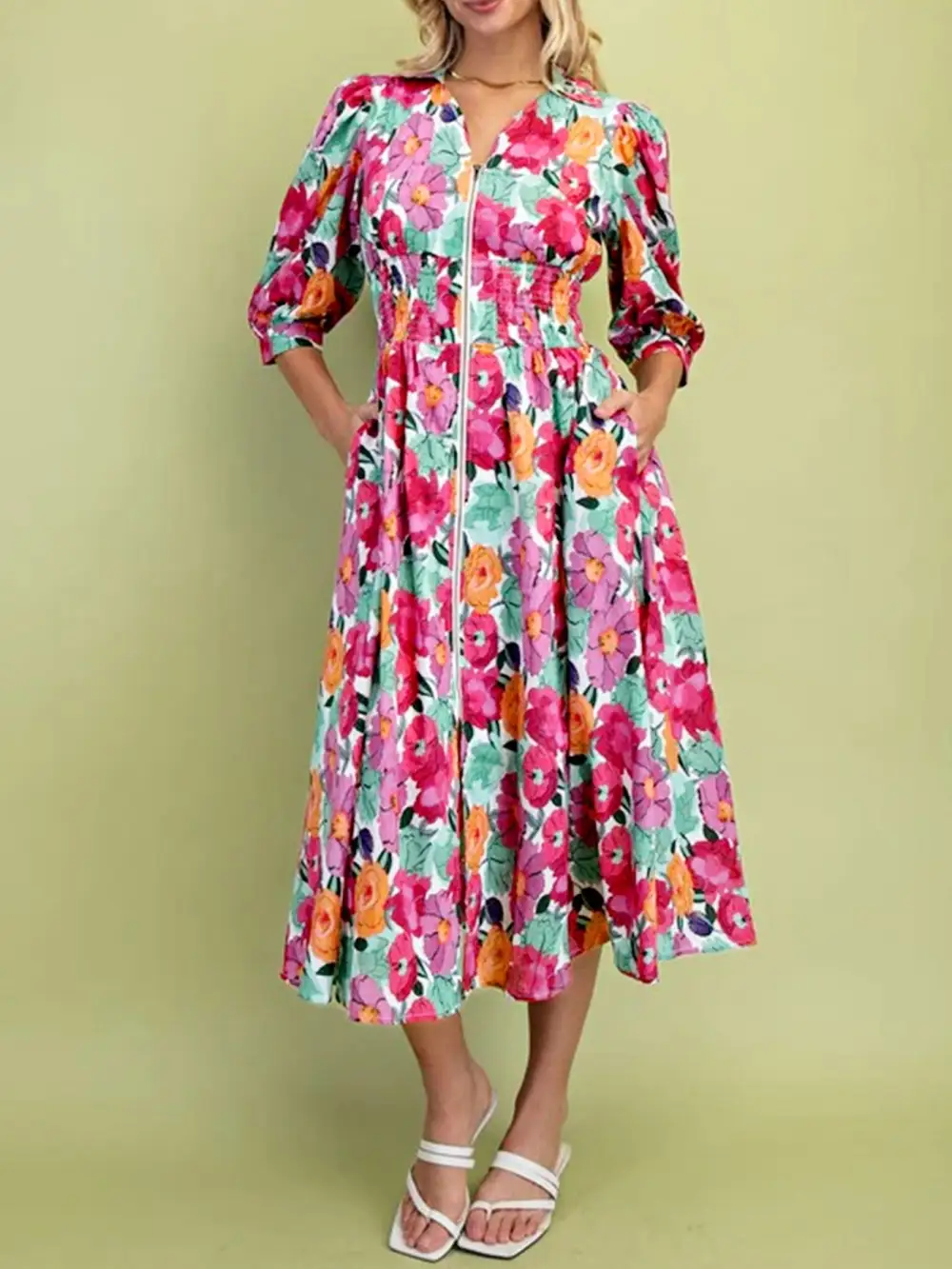 Polished Detail Floral Printed V Neck Dress