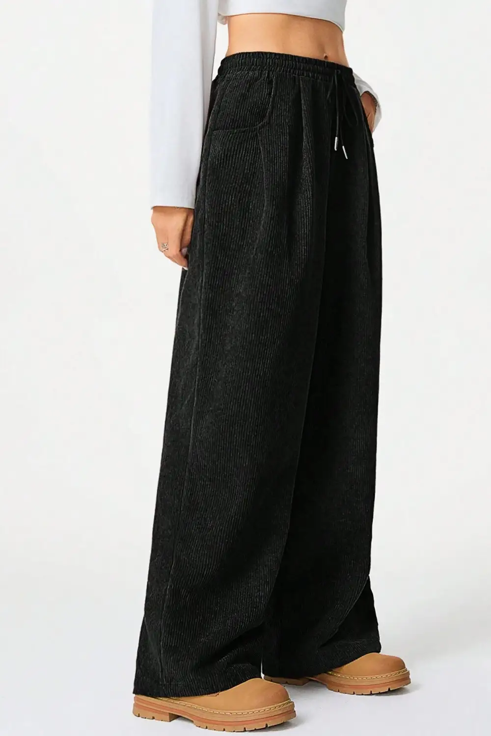 Relaxed Drawstring Wide Leg Flannel Pants