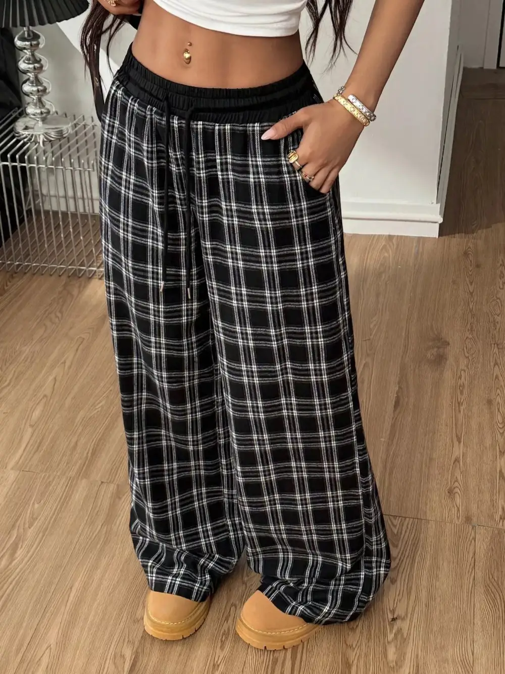 Wide Leg Elastic Waist Plaid Drawstring Pants