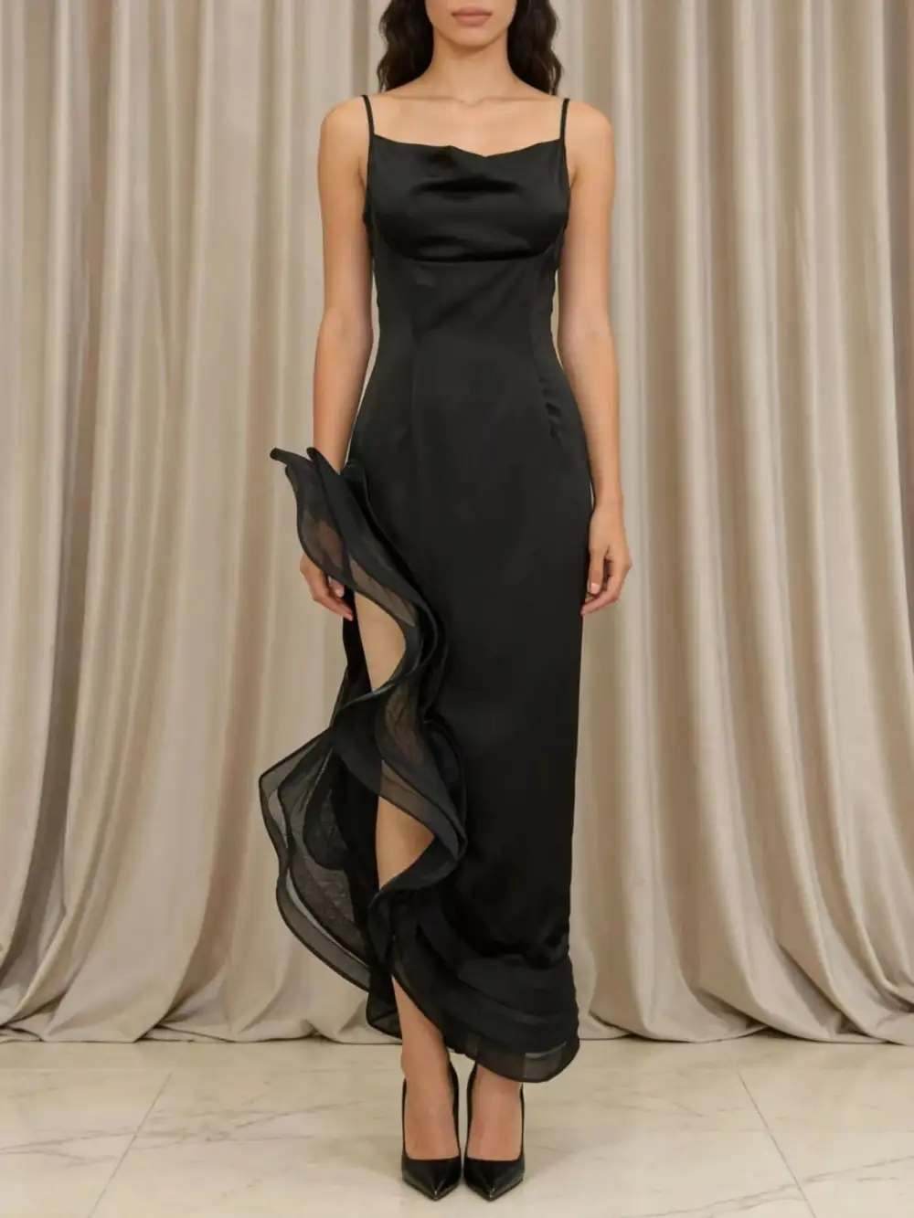 Spaghetti Strap Ruffle Slit Maxi Dress