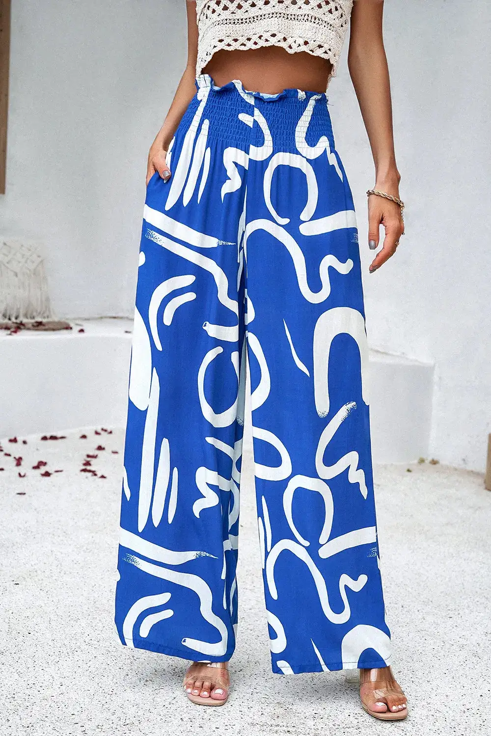 Textured Smocked Wide Leg Pants