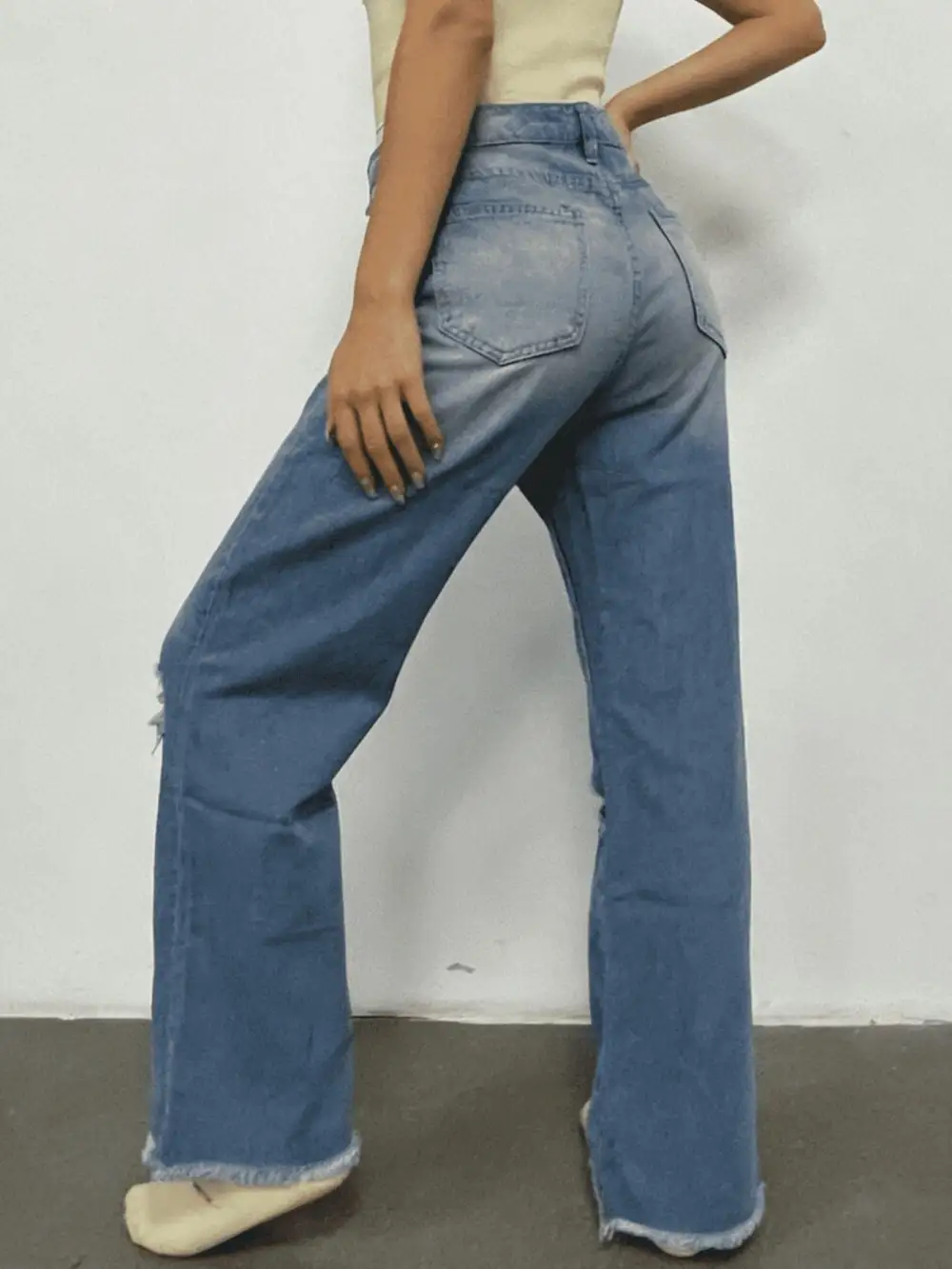 Flare Leg Raw Hem Distressed Denim Jeans