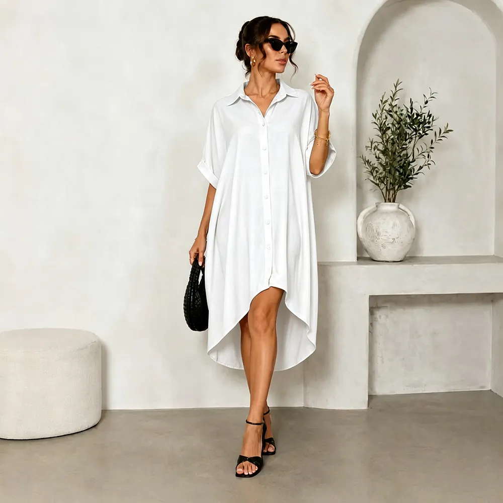 Women Turn-Down Collar Button Up Shirt Dress