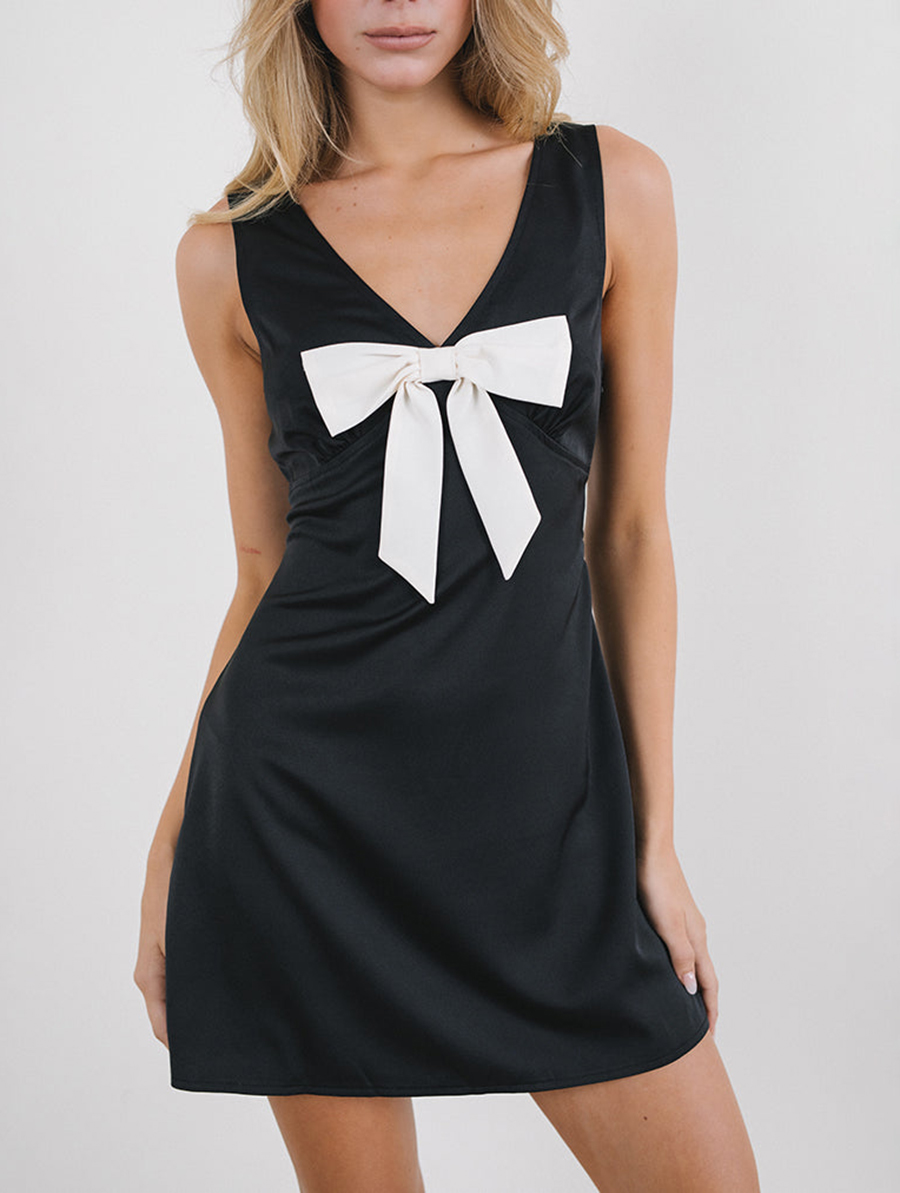 Mini Dress In Satin Black With Ivory Bow