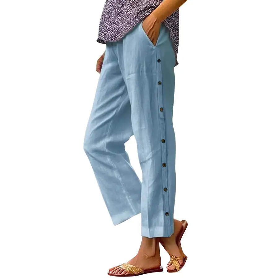 Full Size Side Decor Button Casual Wide Leg Pants Plus Size