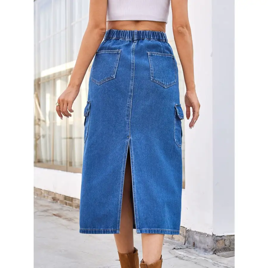Modern Slit Midi Denim Skirt with Pockets