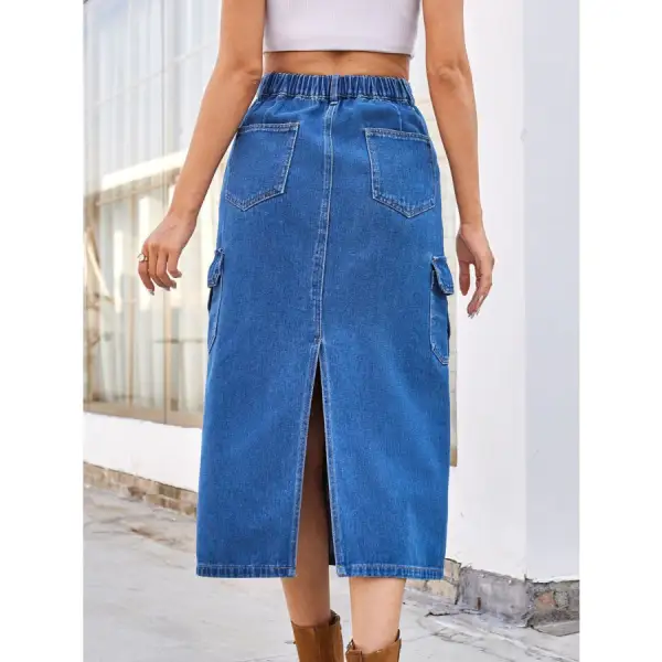 Modern Slit Midi Denim Skirt with Pockets