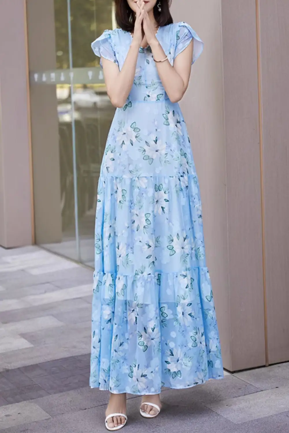 Modern Floral Chiffon Maxi Dress