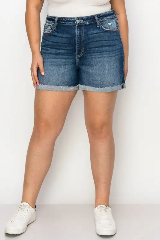 High Rise Cuffed Stretch Denim Shorts