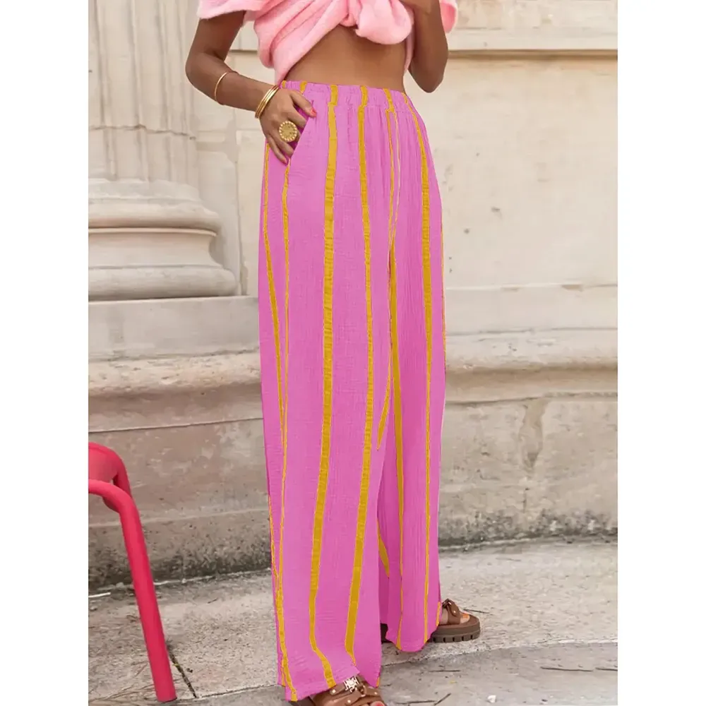 Women's Linen Striped Print Wide Leg Pants