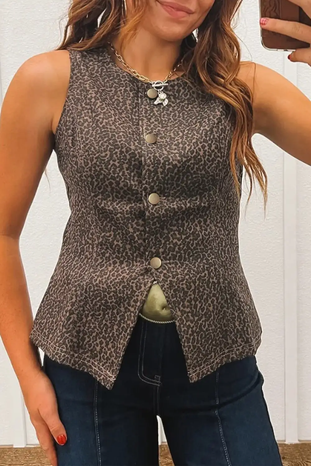 Leopard Print Fitted Denim Vest