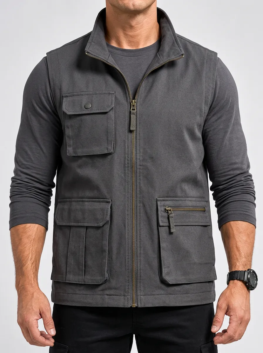 Men's Zip-Up Utility Outdoor-Inspired Multi-Pocket Sleeveless Jacket